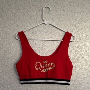 Red Sports Bra with Gold 'Queen' Print